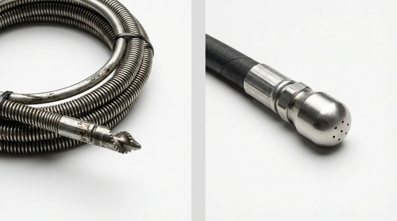 Drain snake cable and hydro jetting nozzle used for drain cleaning in Ponca City, OK