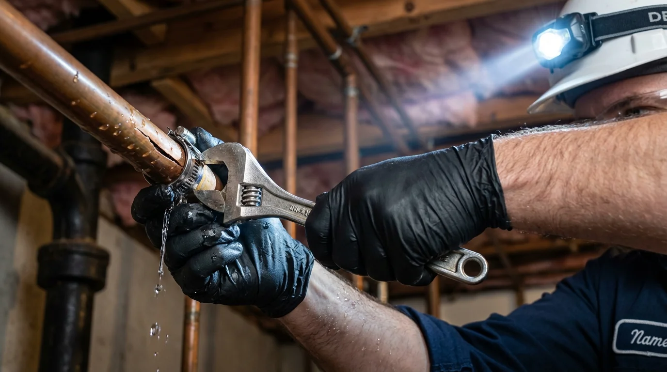Emergency pipe clamp repair being performed by a Johns Plumbing LLC plumber in Ponca City