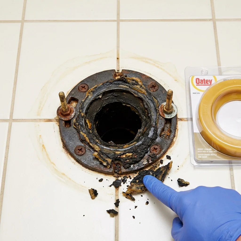 Failed wax ring showing water seepage at the base of a toilet in a Ponca City, OK home