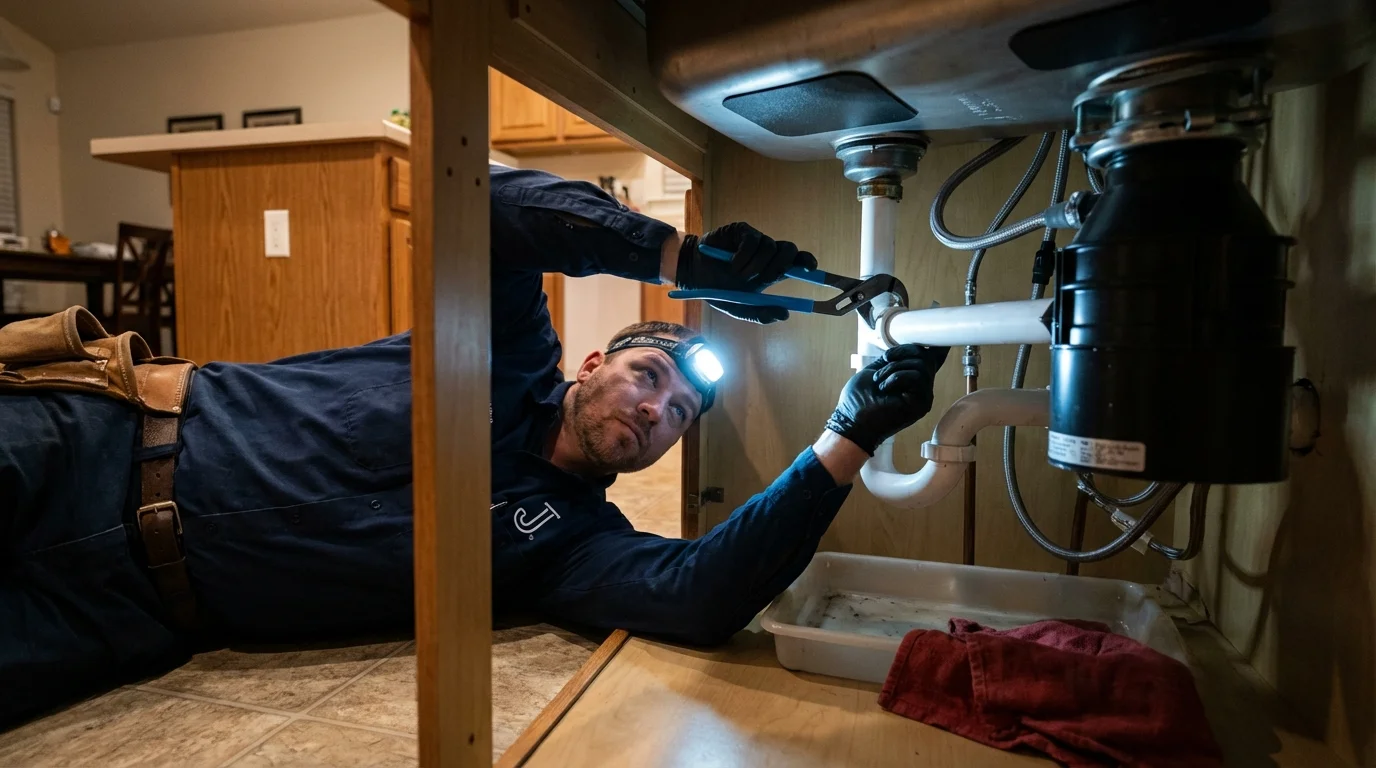 P-trap and supply line connections under a kitchen sink showing a common leak point in Ponca City, OK
